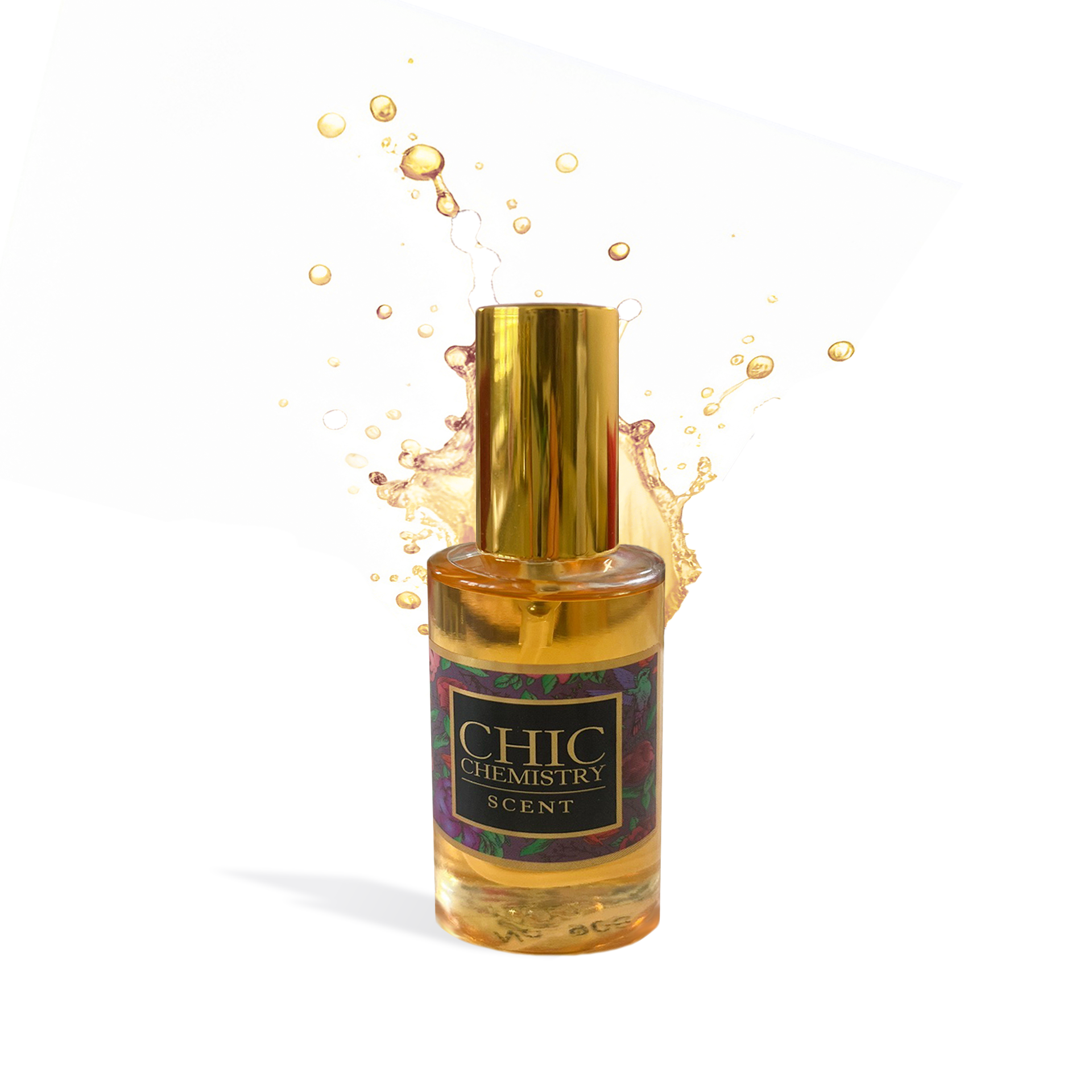 Chic Chemistry Eau de Parfum perfume oil bottle with gold cap and decorative label by Innovate the Label LLC