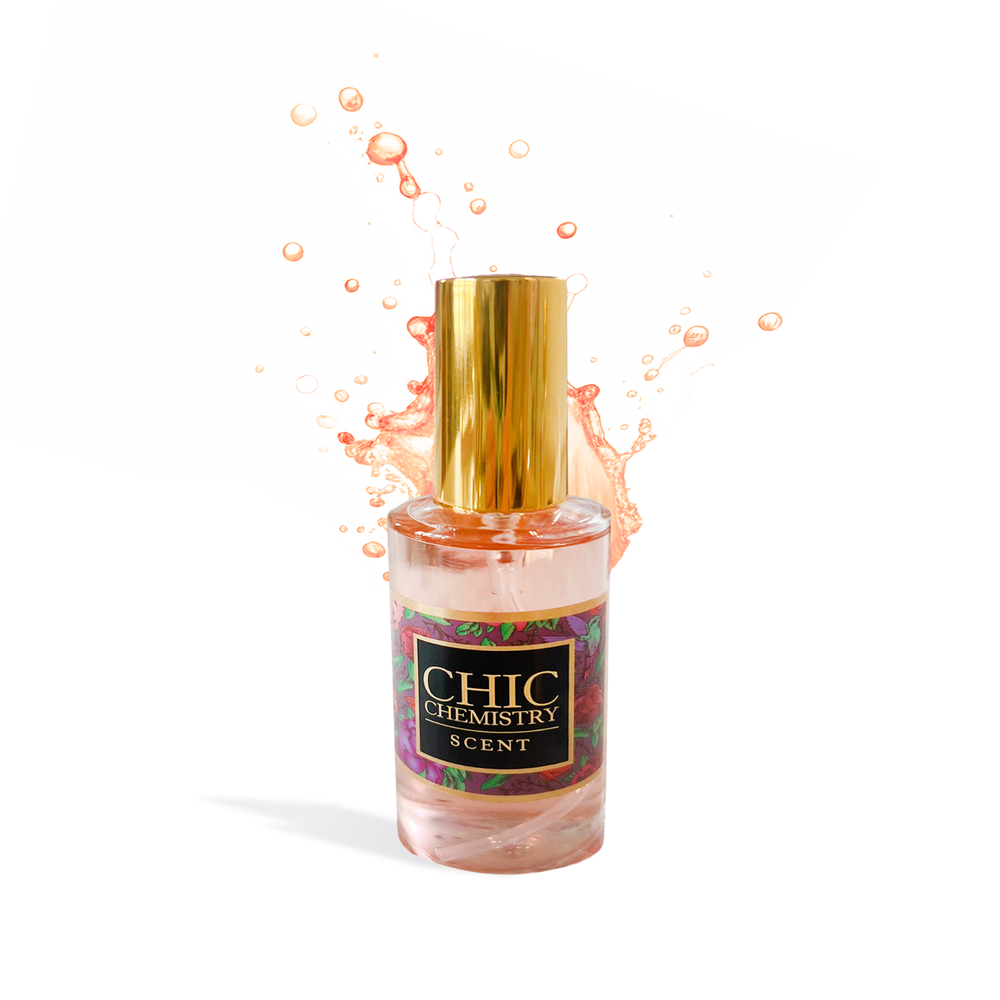 Chic Chemistry Eau de Parfum perfume oil bottle with gold cap and splash effect by Innovate the Label LLC