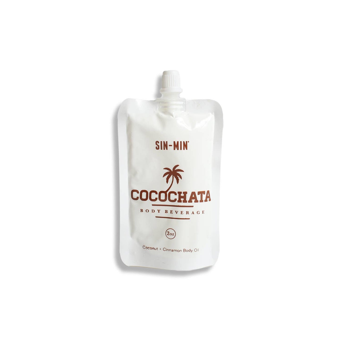 SIN-MIN Cocochata body beverage pouch with coconut oil cinnamon body lotion in white packaging
