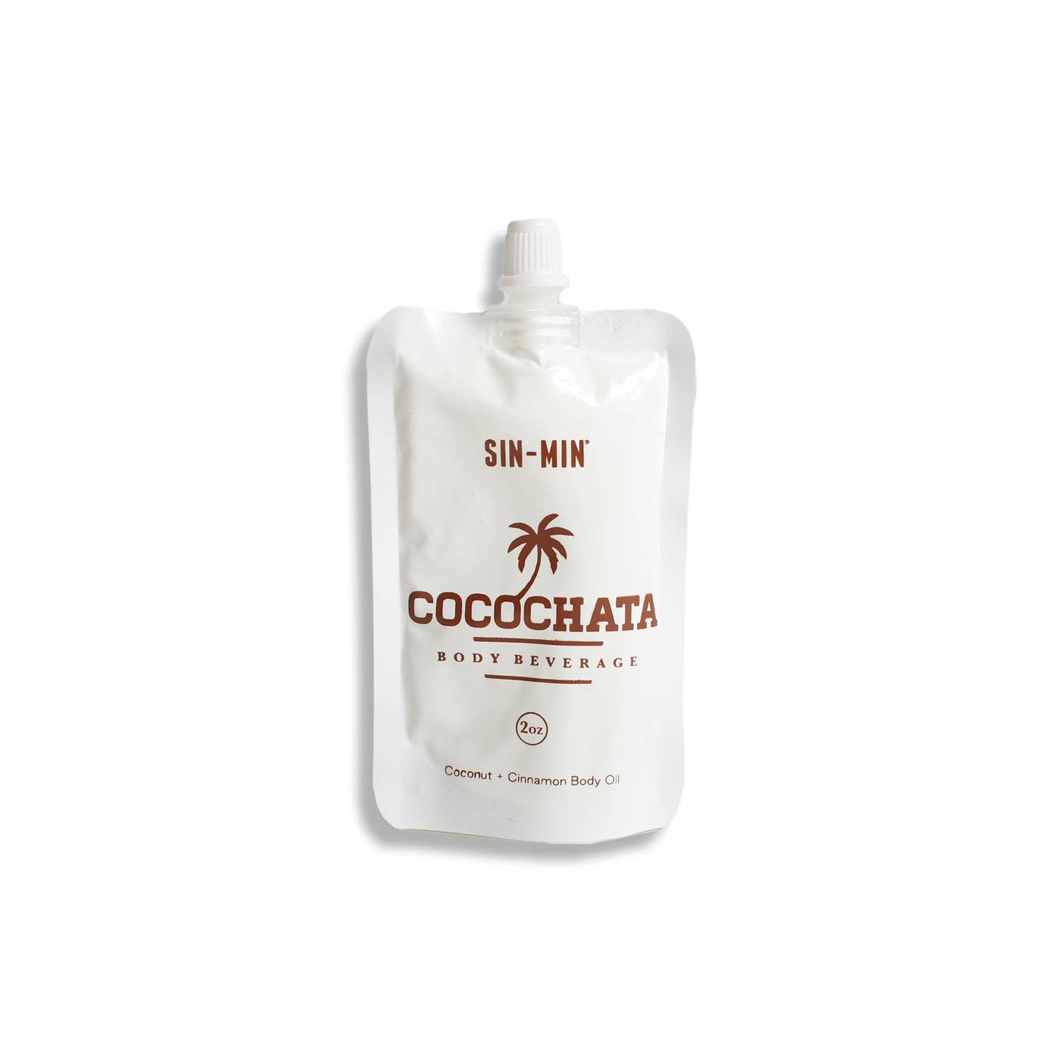SIN-MIN Cocochata body beverage pouch with coconut oil cinnamon body lotion in white packaging