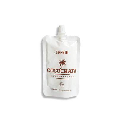 SIN-MIN Cocochata body beverage pouch with coconut oil cinnamon body lotion in white packaging