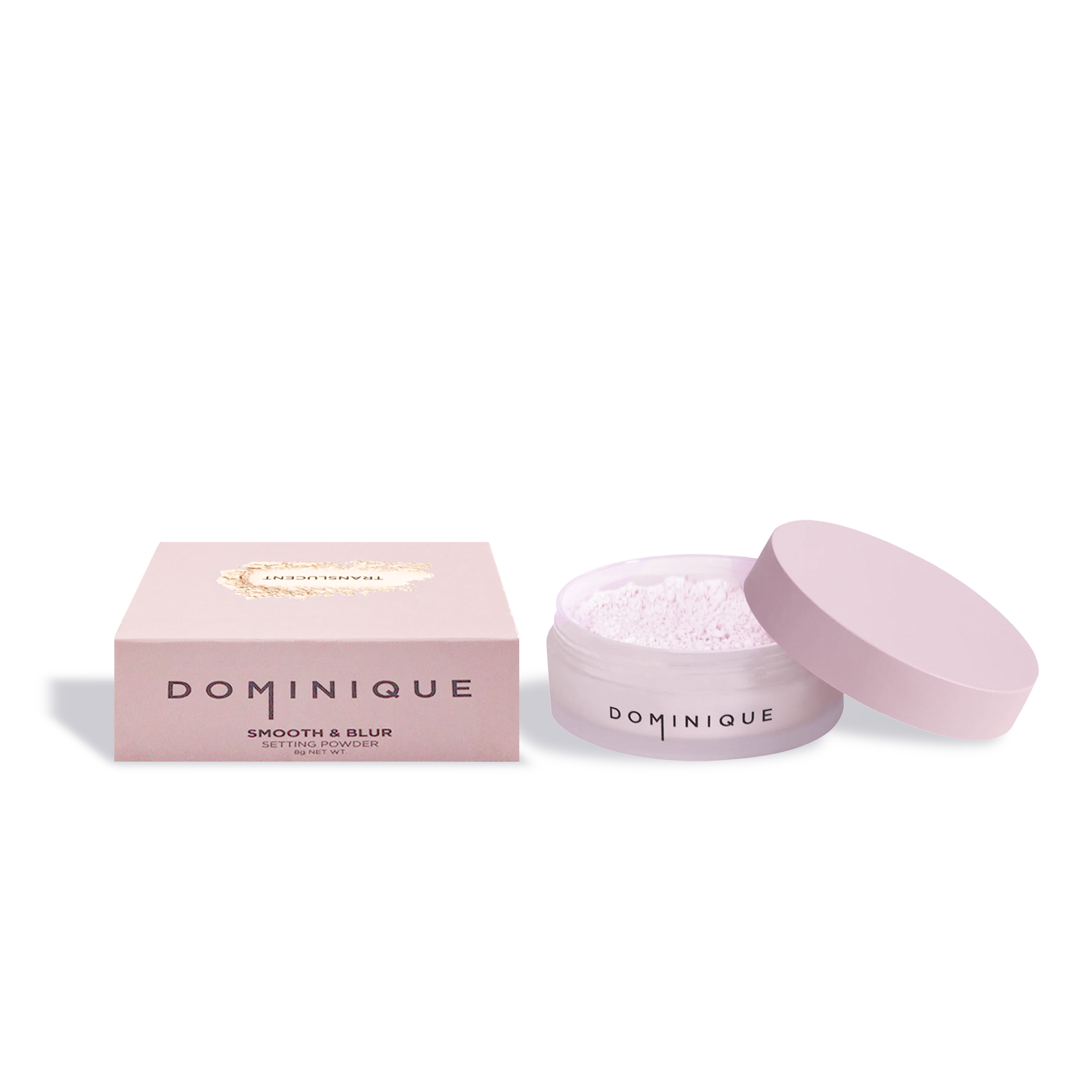 Dominique Cosmetics setting powder Smooth and Blur by Innovate the Label with light pink packaging and box