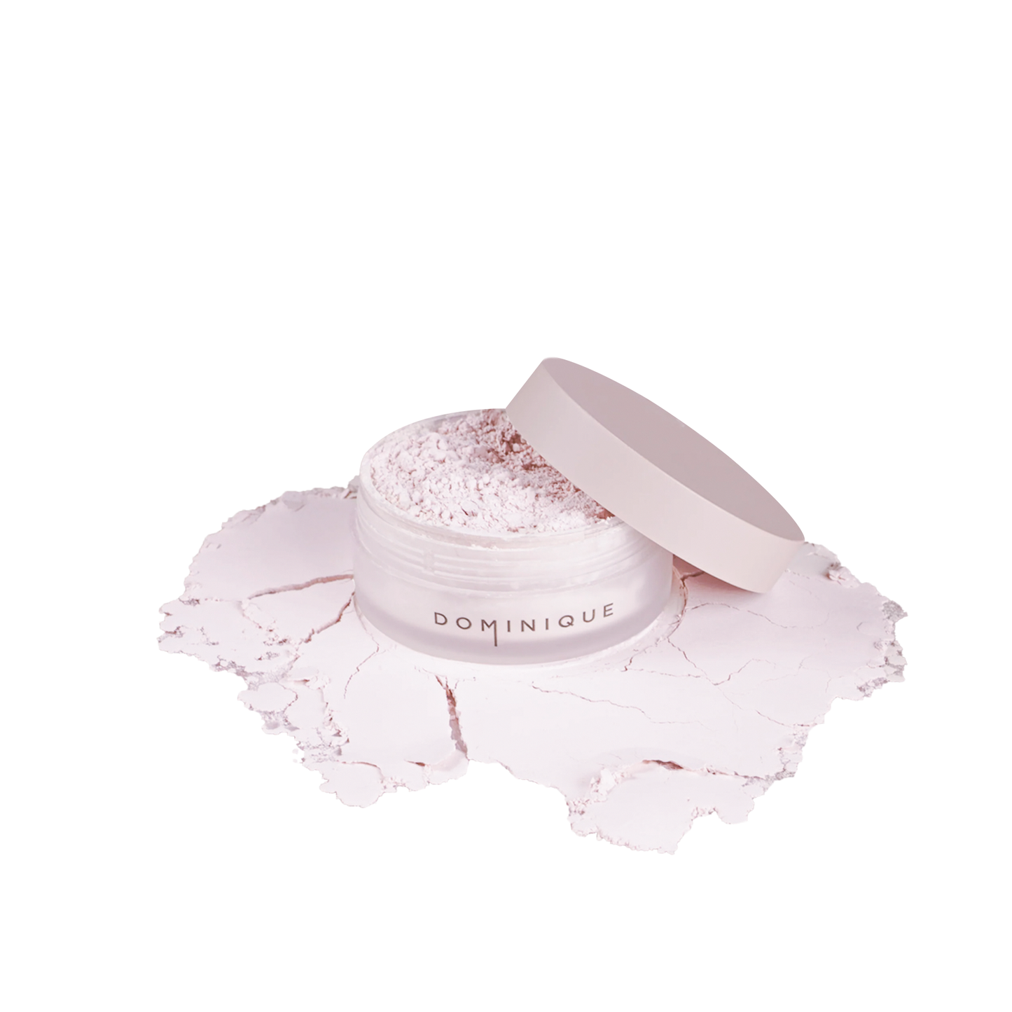 Dominique Cosmetics setting powder loose translucent powder in a clear jar with pink lid by Innovate the Label