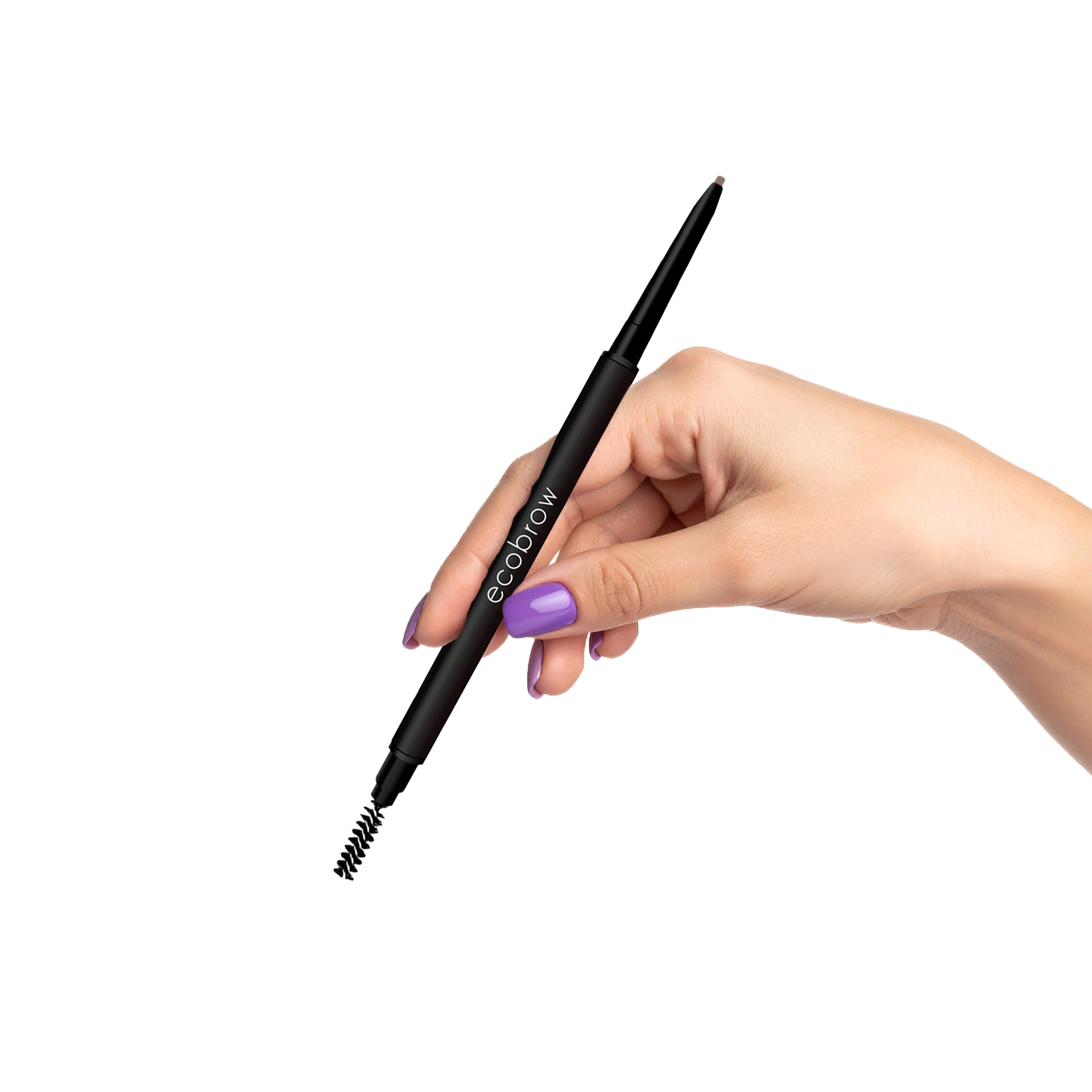 Innovate the Label light brown eyebrow pencil held in hand with spoolie brush and retractable tip
