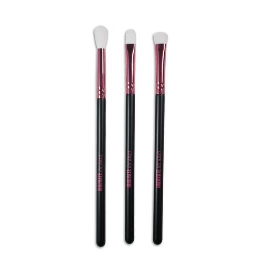 Innovate the Label eye makeup brush set with three brushes featuring black handles and rose gold ferrules