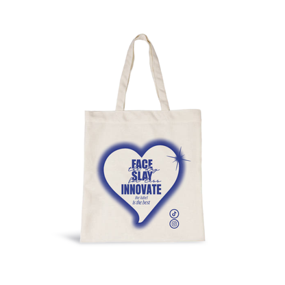 Heart tote bag for beauty lovers by Innovate the Label with blue graphic and social media icons