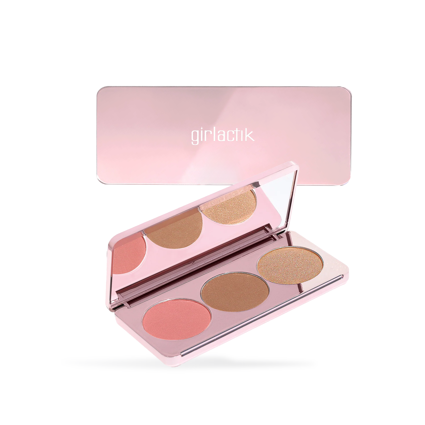 Girlactik Blush Me & Glow Face Palette in a sleek pink compact with three shades for a radiant finish