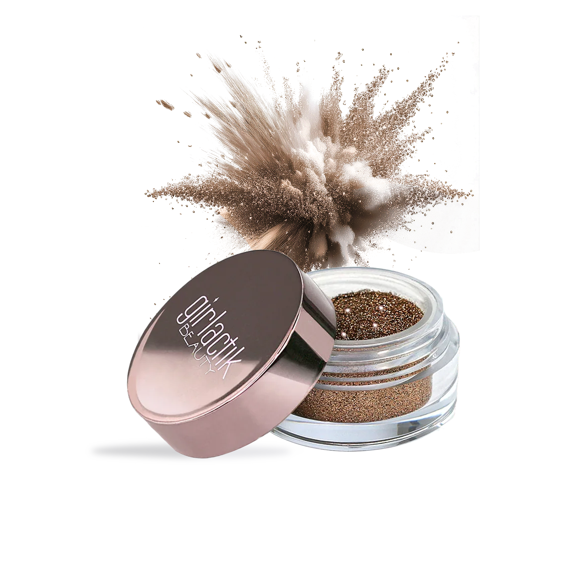 Girlactik Loose Sparkles in rose gold shade with clear jar and rose gold lid by Innovate the Label