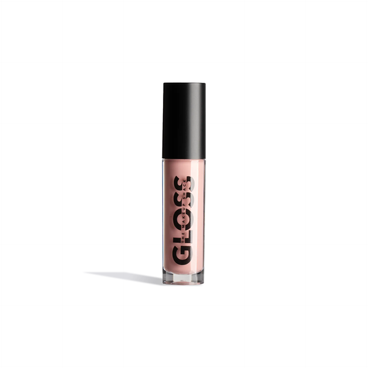 Innovate the Label light pink nude lip gloss in clear tube with black cap and bold black lettering