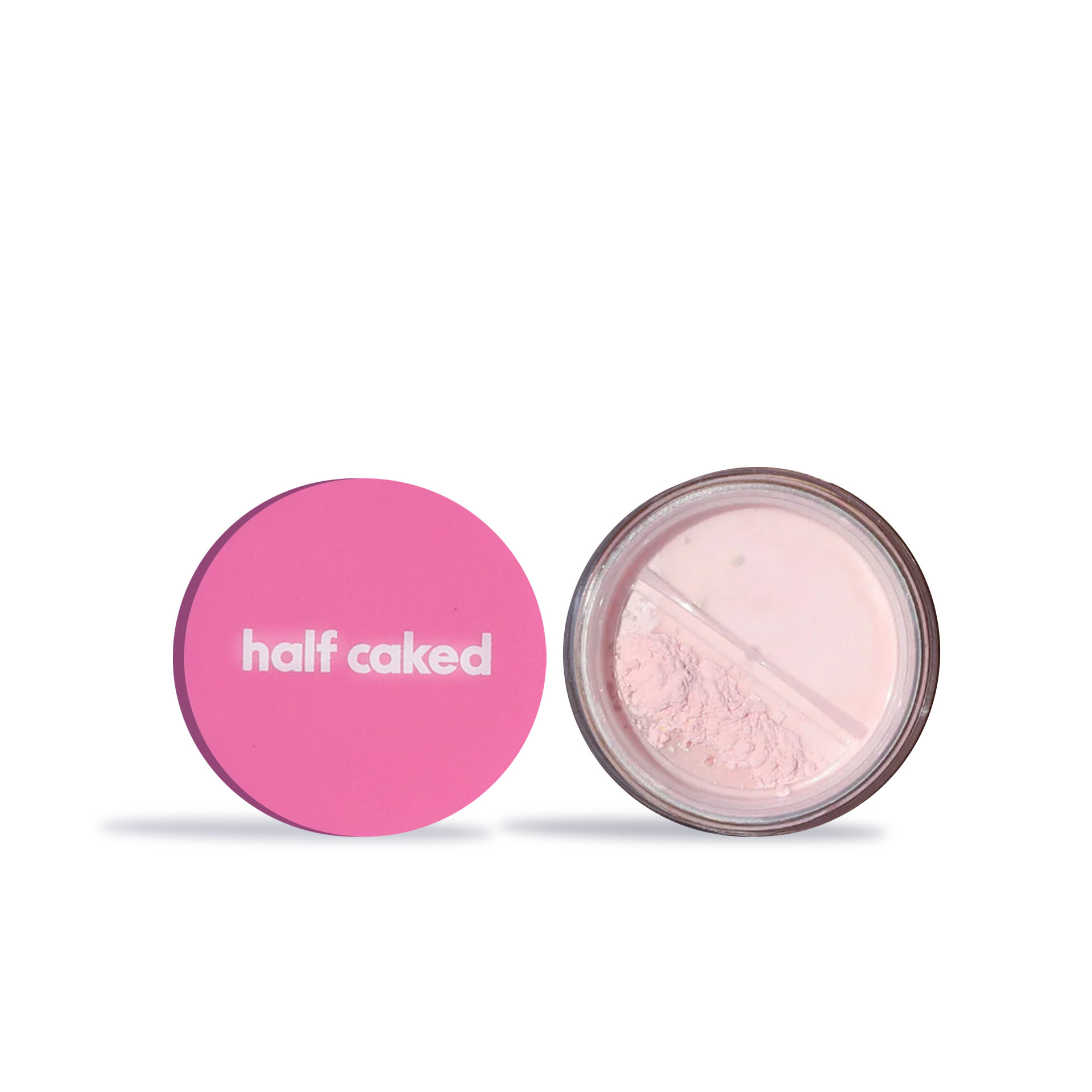 Innovate the Label translucent setting powder for makeup in clear jar with pink lid half caked