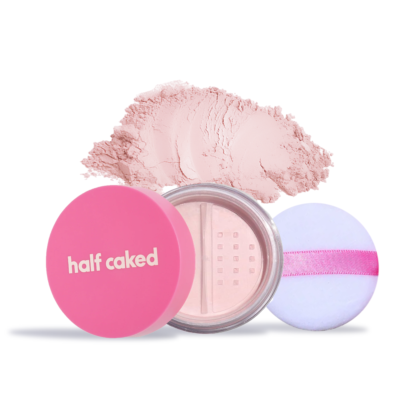Innovate the Label translucent setting powder for makeup in pink container with powder puff and loose pink powder