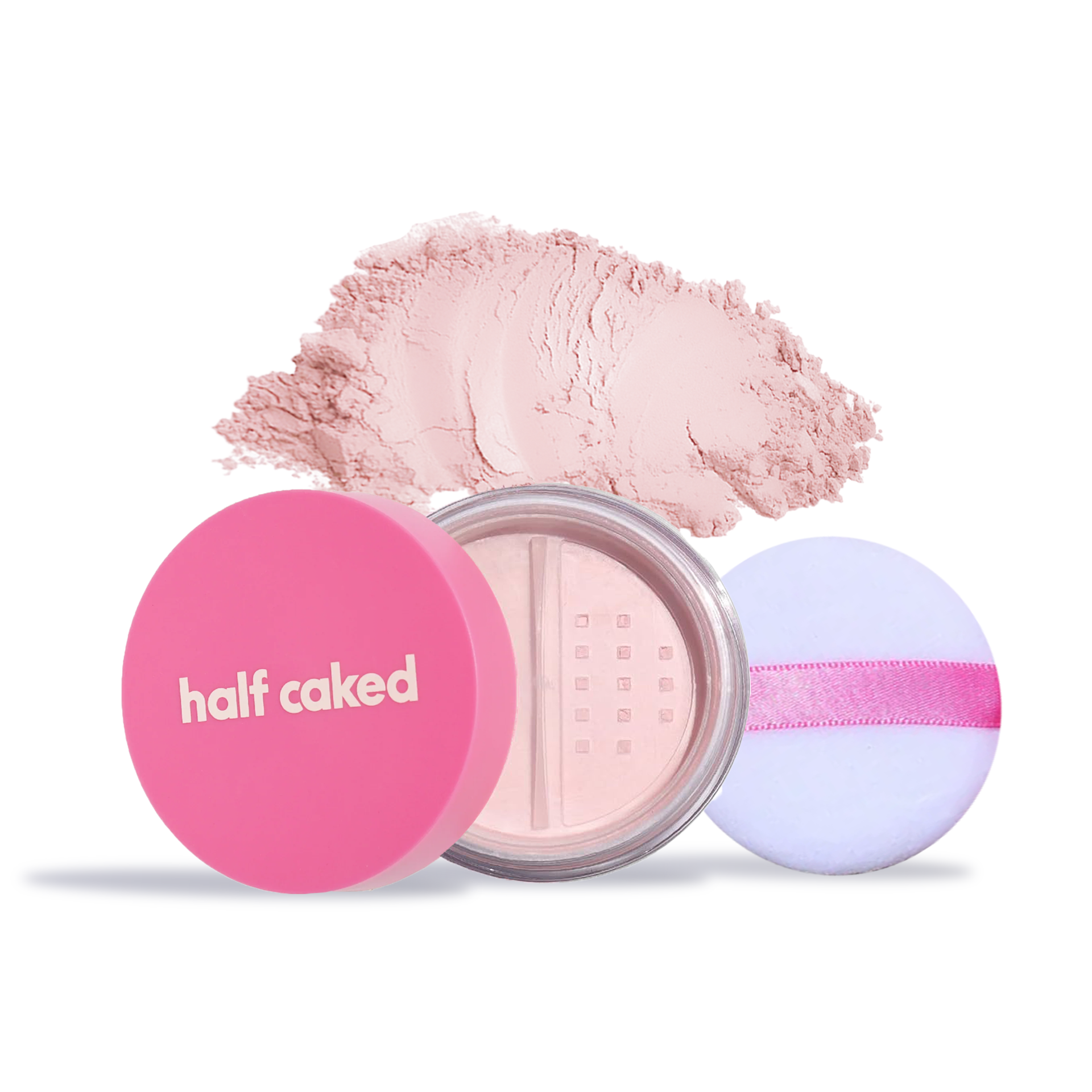 Innovate the Label translucent setting powder for makeup in pink container with powder puff and loose pink powder