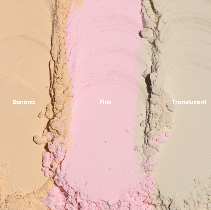 Innovate the Label translucent setting powder for makeup in Banana Pink and Translucent shades swatched side by side