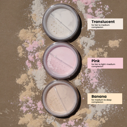 Innovate the Label translucent setting powder for makeup shown in three shades with powder spilled around