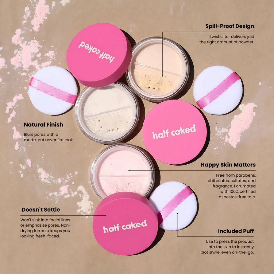 Innovate the Label translucent setting powder for makeup with pink lids and applicator puffs highlighting natural finish and spill-proof design