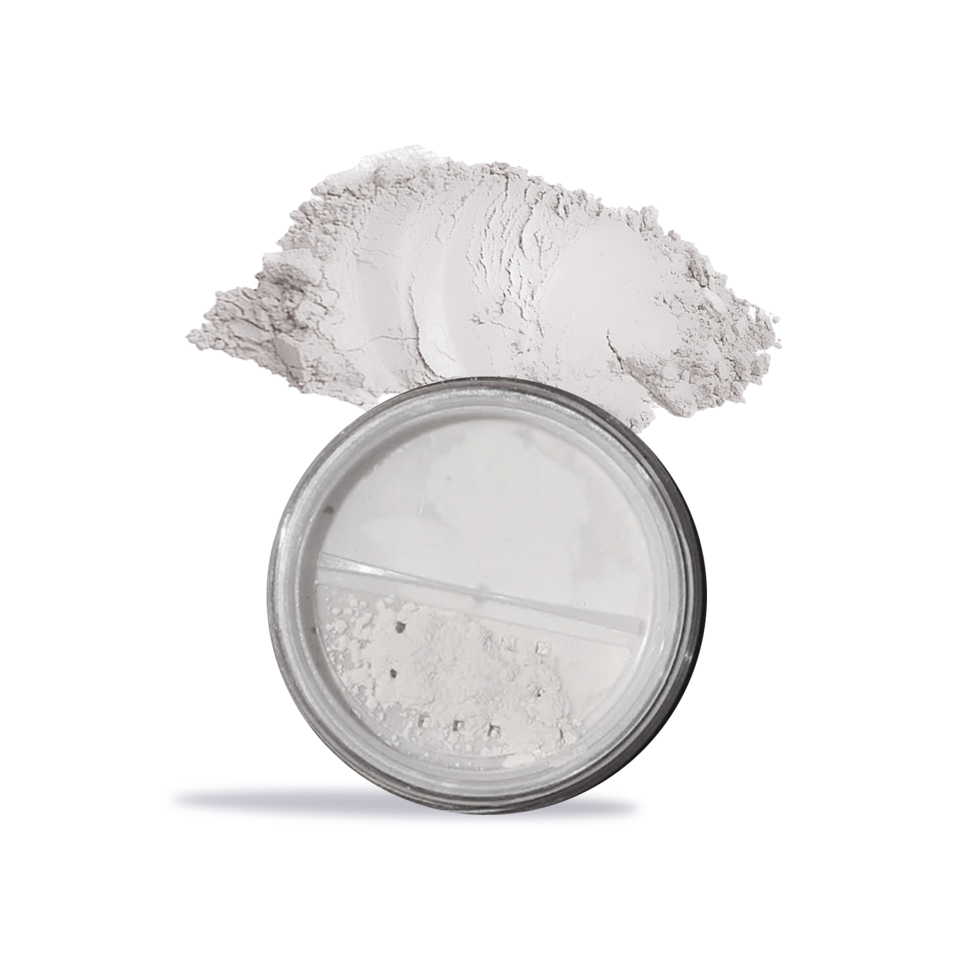 Innovate the Label translucent setting powder for makeup in a round container with powder swatch