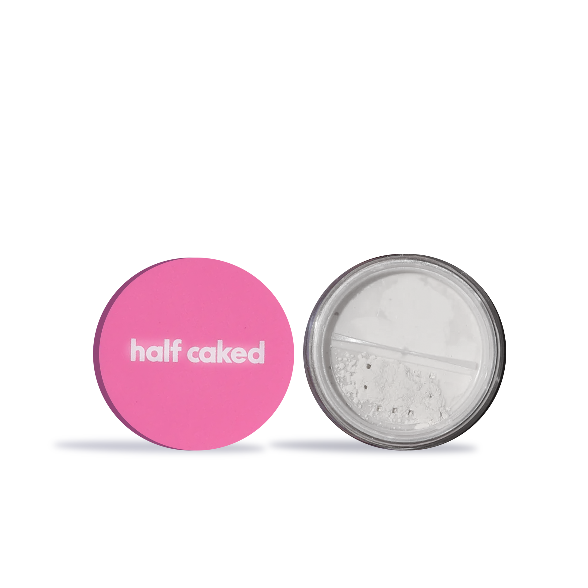 Innovate the Label translucent setting powder for makeup with pink half caked lid and clear container