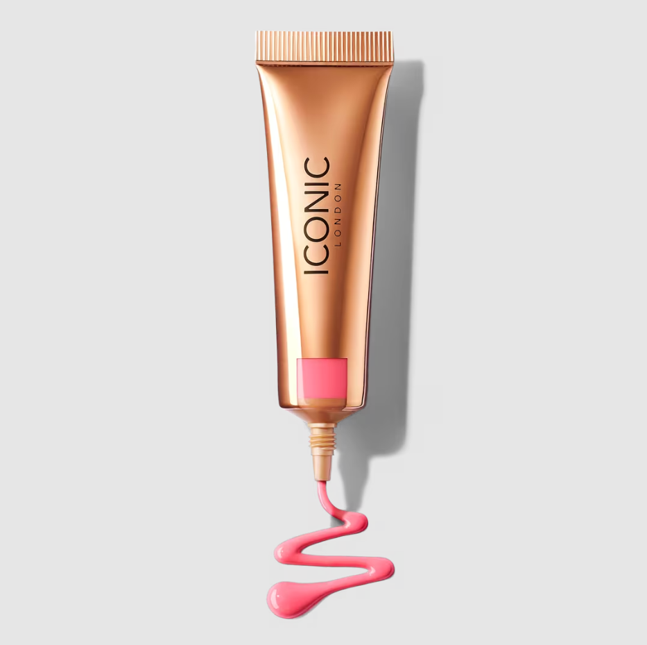 Iconic London sheer blush tube with pink cream blush squeezed out on white background
