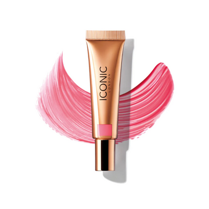 Iconic London sheer blush cream tube with pink blush swatch on white background