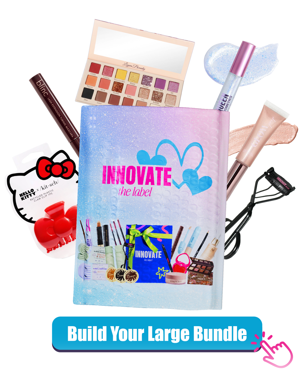 Fast Bundle 6-piece makeup set includes lip gloss and cosmetic items in a colorful pouch