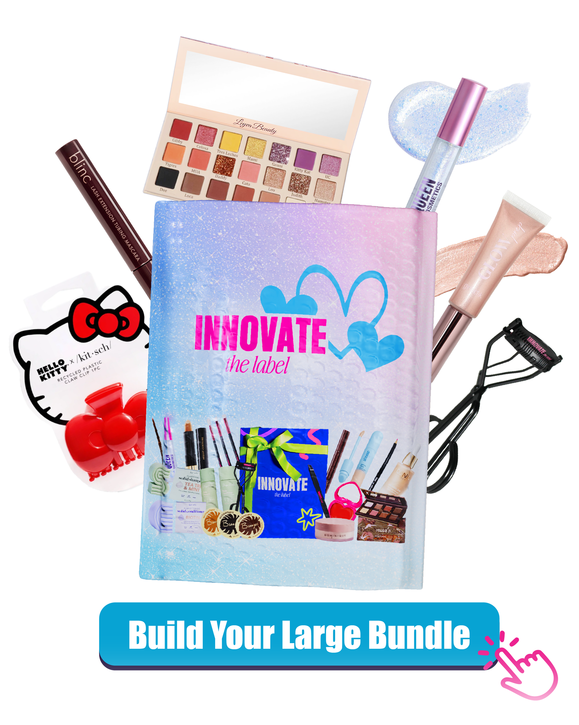 Fast Bundle 6-piece makeup set includes lip gloss and cosmetic items in a colorful pouch
