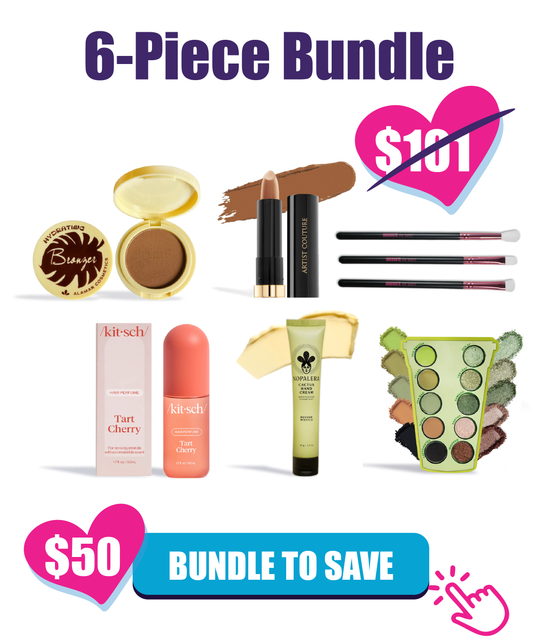 Fast Bundle 6-piece makeup set including lip gloss, eyeshadow palette, lipstick, and other cosmetics