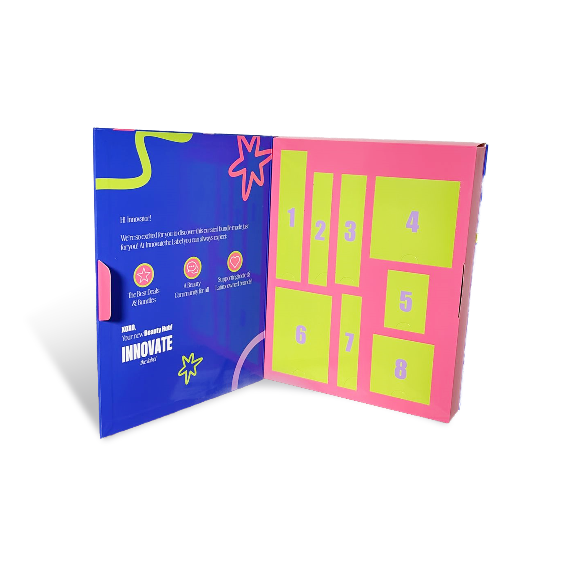 Innovate the Label colorful beauty bundle gift box with numbered compartments for organized skincare products