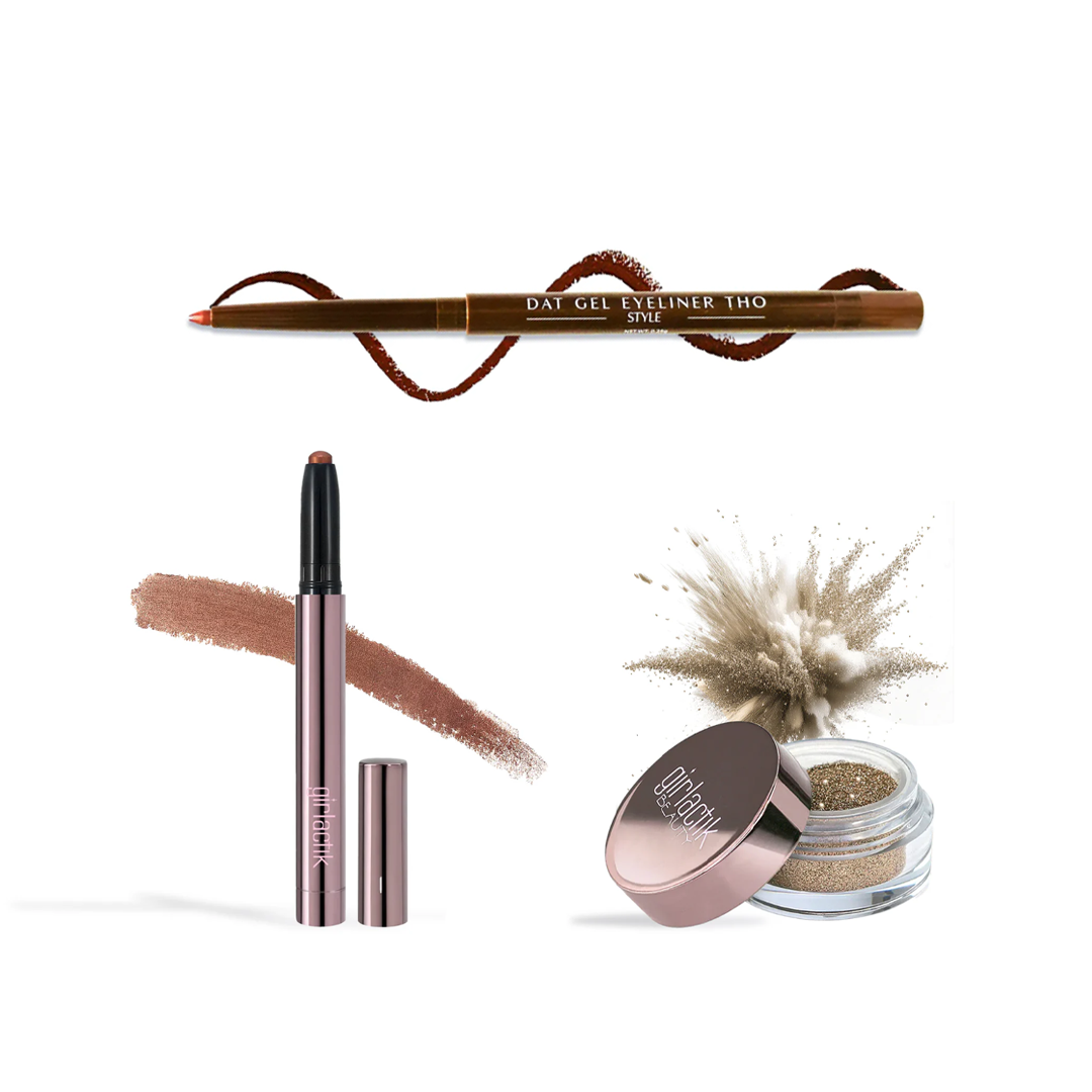 Build your own beauty bundle with brown gel eyeliner pencil, rose gold eyeshadow stick, and loose shimmer powder