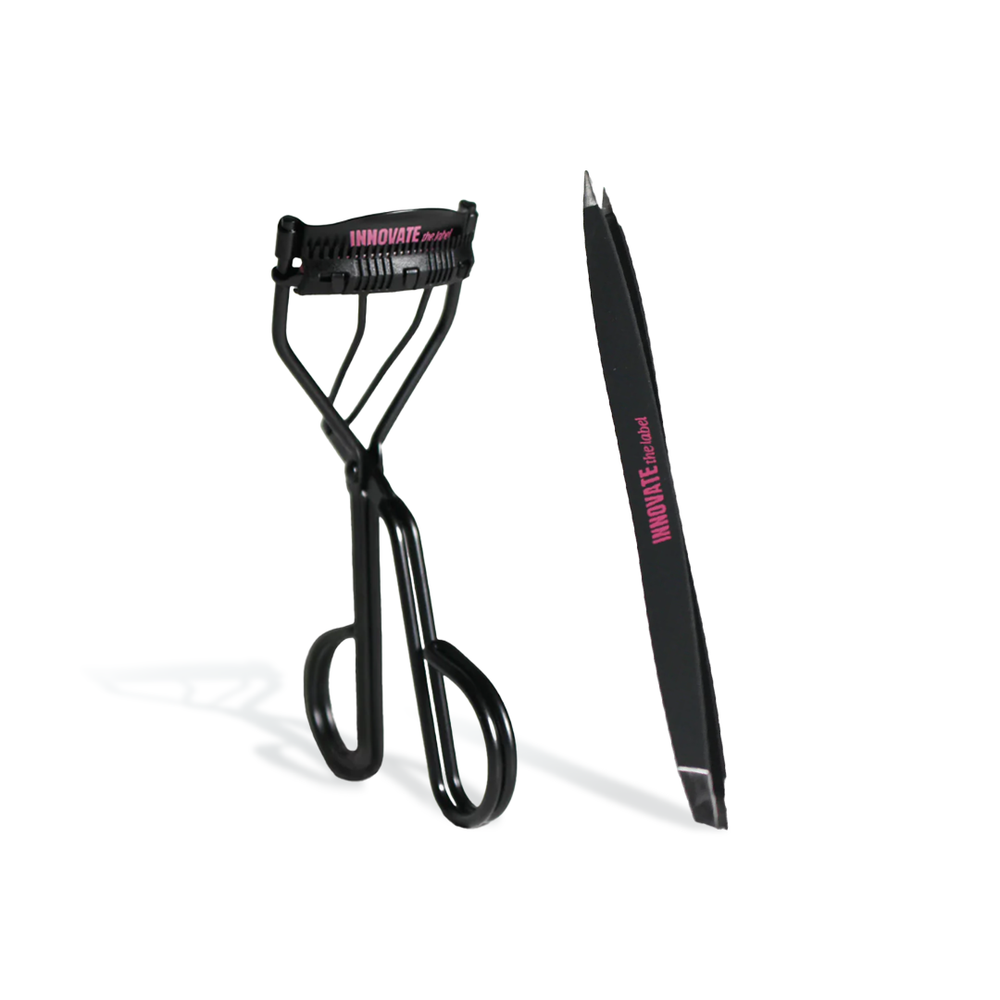 Fast Bundle 2 piece beauty bundle featuring black eyelash curler and angled tweezers for eye makeup