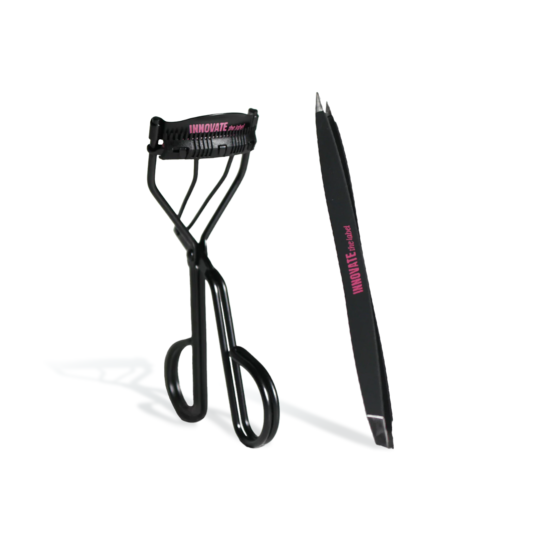 Fast Bundle 2 piece beauty bundle featuring black eyelash curler and angled tweezers for eye makeup