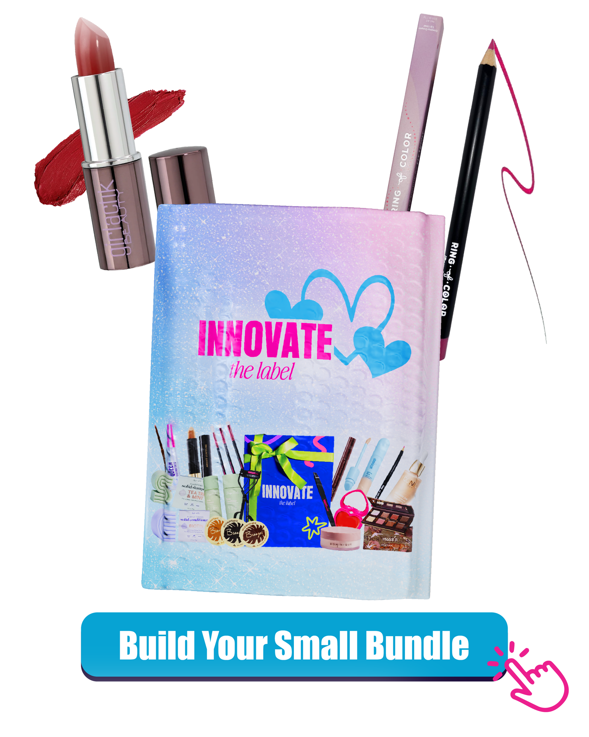 2 piece beauty bundle featuring lipstick and eyeliner pencil with Innovate the label pouch