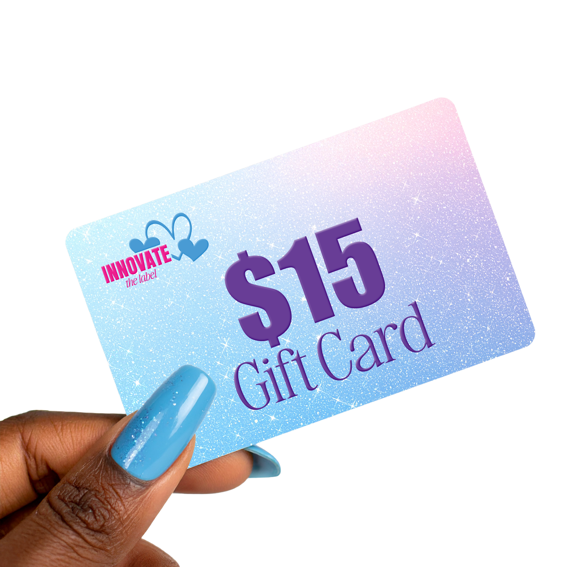 Hand with blue manicure holding Innovate the Label 15 gift card on pastel glitter background beauty gift card online