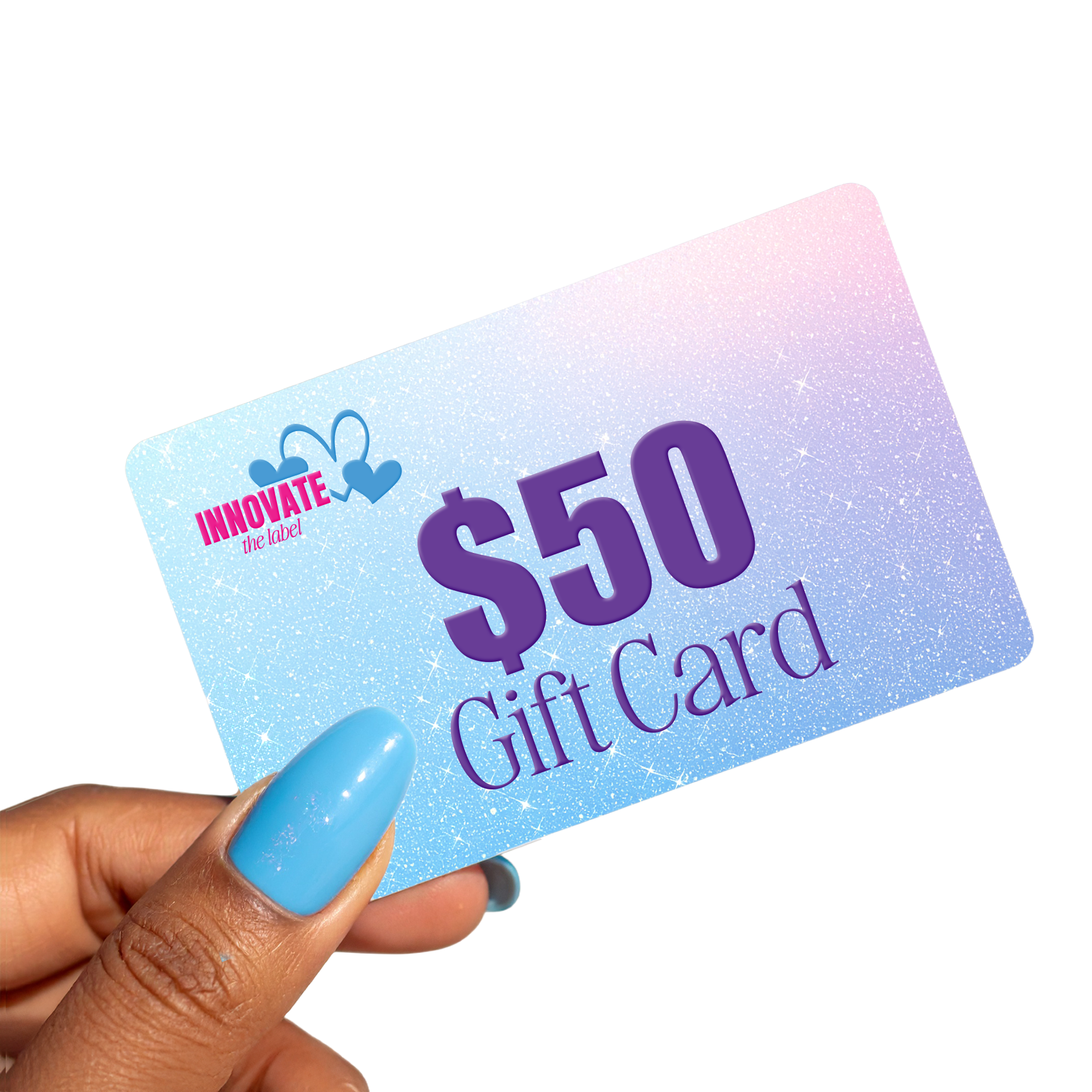 Hand with blue manicure holding a pastel glitter 50 dollar Innovate the Label gift card beauty gift card online