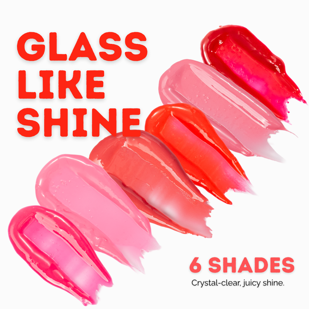 Kara Beauty bubble gum lip gloss stick in six glass-like shine shades with crystal-clear juicy color
