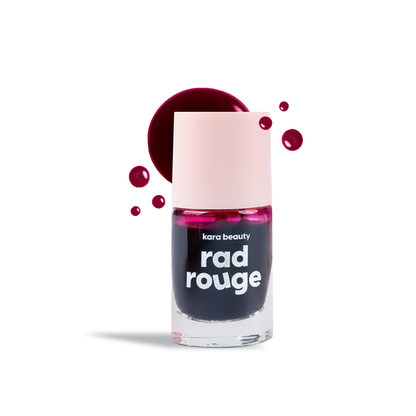 Kara Beauty Rad Rouge Lip Tint bottle in deep berry shade with pink cap and color droplets