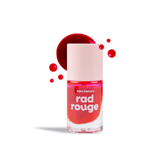 Kara Beauty Rad Rouge Lip Tint bright coral red in clear glass bottle with pink cap and glossy swatch