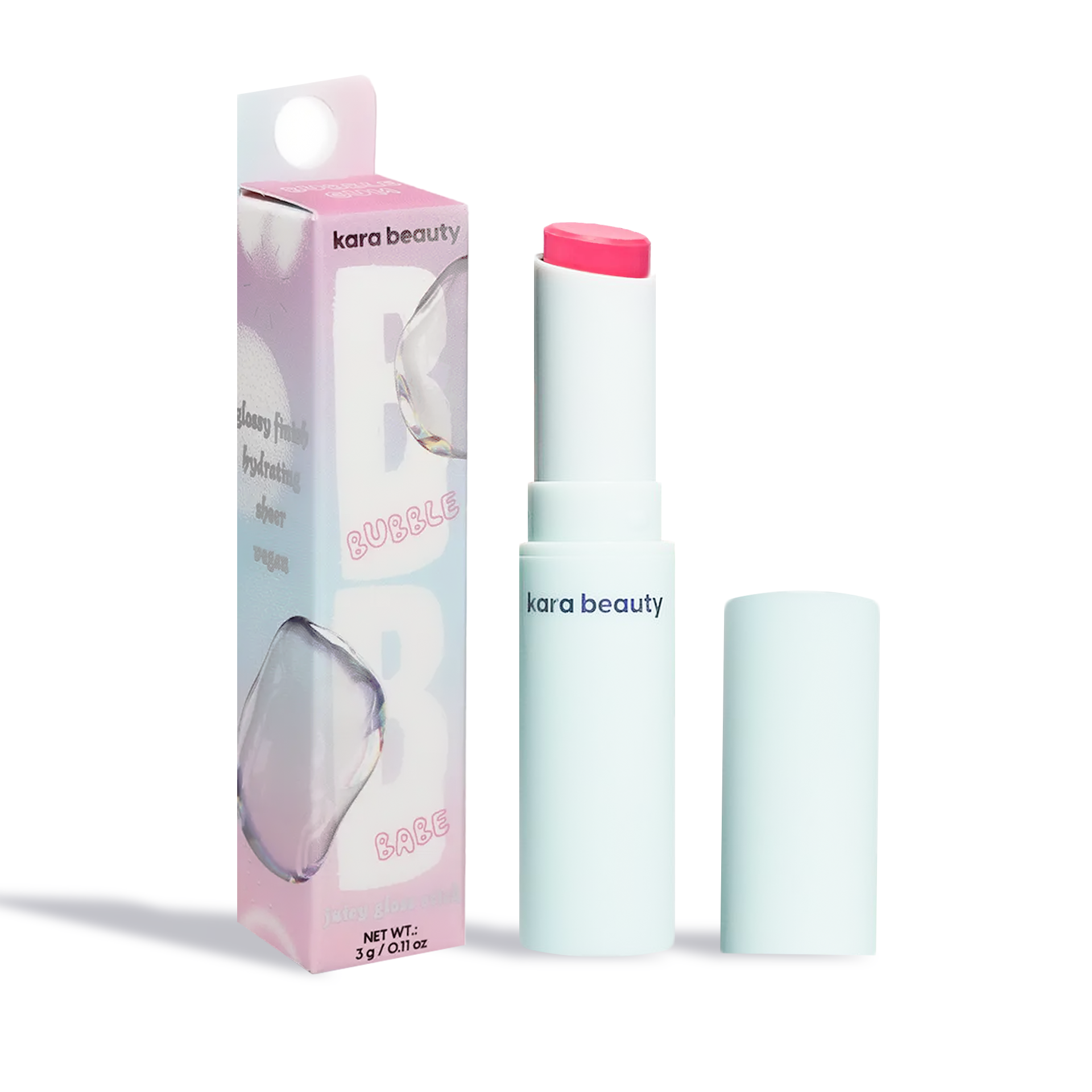 Kara Beauty strawberry gloss stick in a pastel white tube with pink balm and packaging box