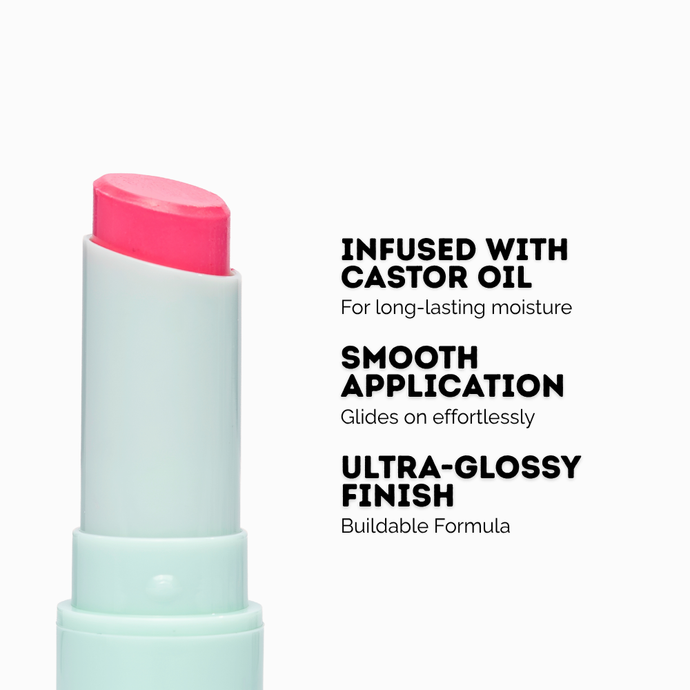 Kara Beauty strawberry gloss stick pink balm in mint tube with castor oil for glossy moisturizing lips
