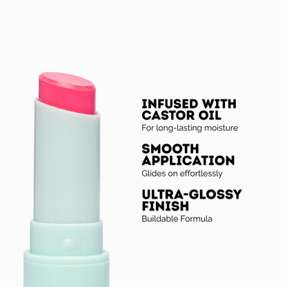 Kara Beauty strawberry gloss stick pink balm in mint tube with castor oil for glossy moisturizing lips