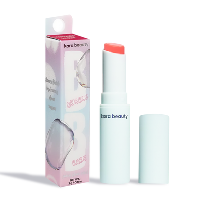 Kara Beauty strawberry gloss stick in pastel mint tube with coral balm and bubble themed pink packaging