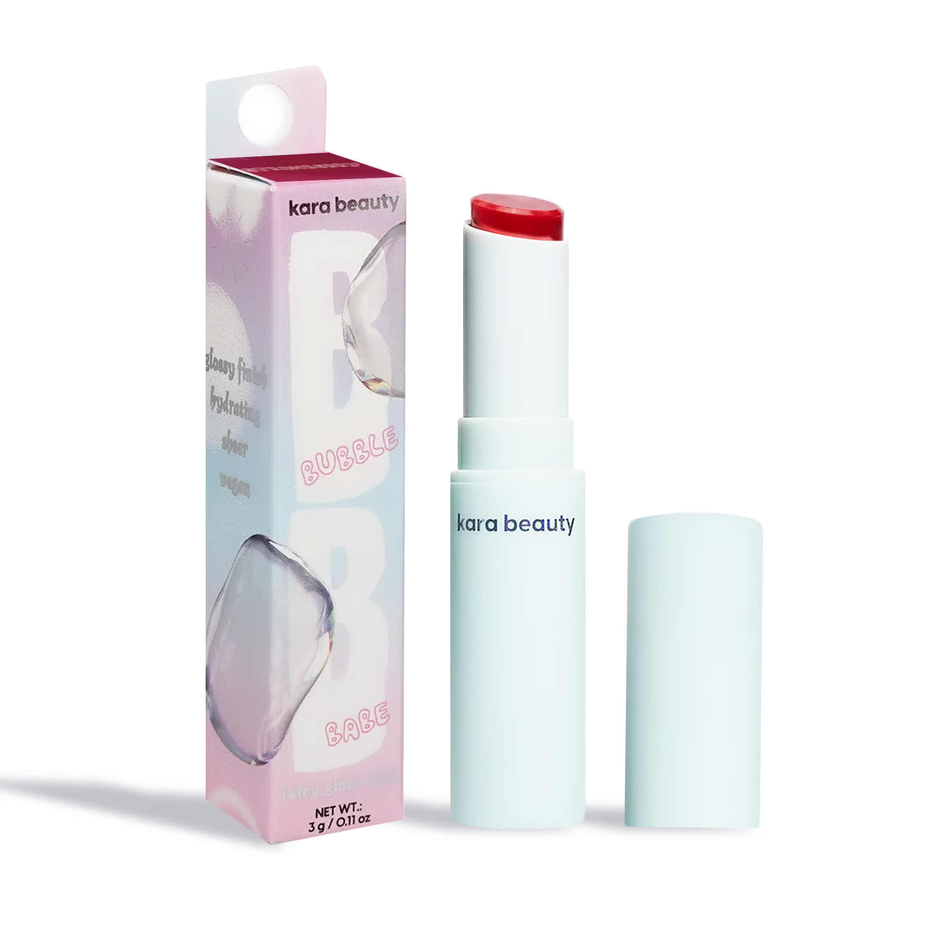 Kara Beauty strawberry gloss stick in pale blue tube with red tinted balm and pink packaging