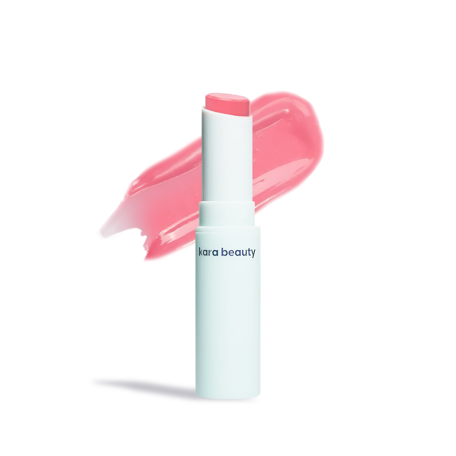 Kara Beauty strawberry gloss stick in white tube with pink glossy tinted balm and swatch for hydrating shine
