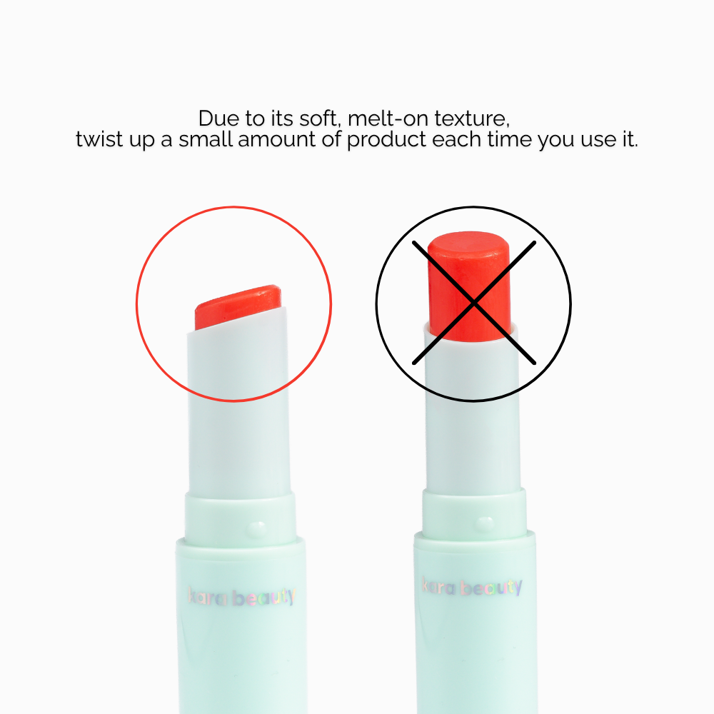 Kara Beauty strawberry gloss stick showing correct small twist up on left and incorrect overextended stick crossed out on right