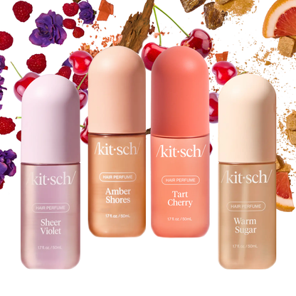 Amber hair perfume and other fragrances from Innovate the Label Kit Sch collection with colorful fruit and floral background