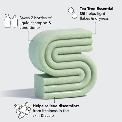 Innovate the Label green anti dandruff shampoo bar shaped in a unique S design with tea tree essential oil benefits