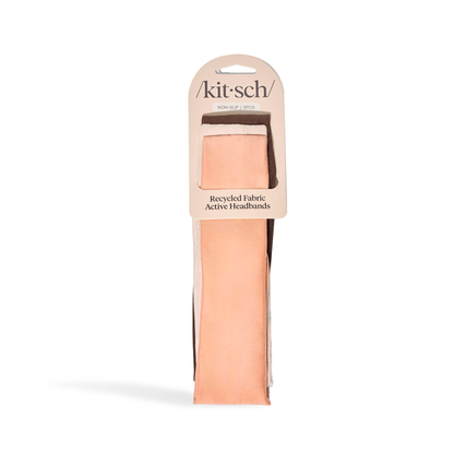 Pack of three recycled fabric eco-friendly workout headbands in peach brown and white by Kitsch