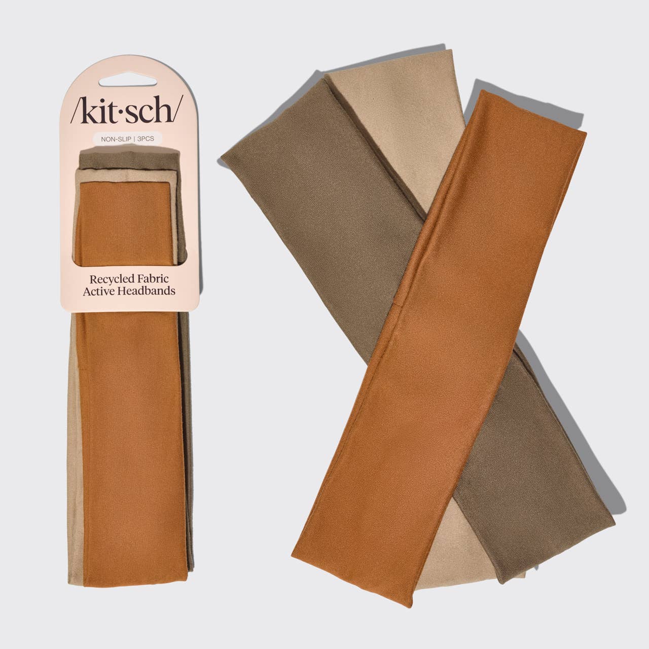 Innovate the Label pack of 3 recycled fabric eco-friendly workout headbands in brown tan and olive tones