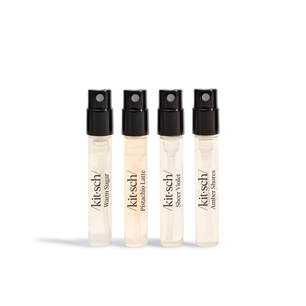 Kitsch hair perfume set by Innovate the Label with four different fragrance sprays in small clear bottles