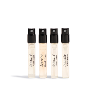 Kitsch hair perfume set by Innovate the Label with four different fragrance sprays in small clear bottles