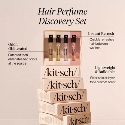 Kitsch hair perfume set by Innovate the Label with four scent vials in discovery packaging